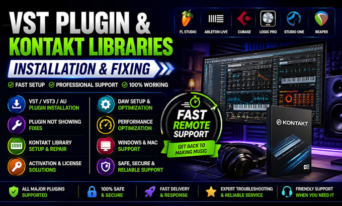 install fix vst plugins, kontakt libraries, fl studio, ableton, cubase logic pro