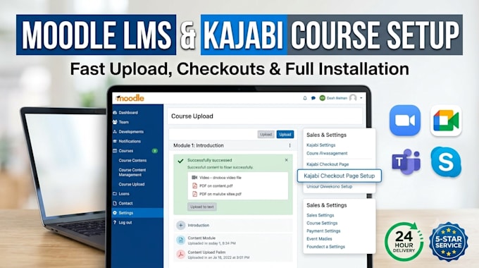 do german moodle lms setup, kajabi checkout page setup, and fast course upload