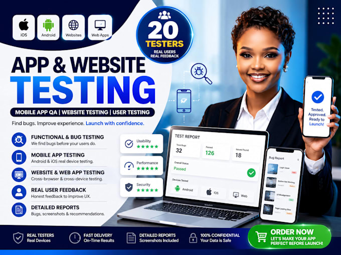 provide 20 app testers 12 testers, mobile app test QA testing, website testing,