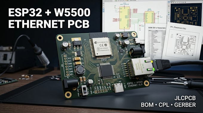 design esp32 w5500 ethernet pcb with jlcpcb bom and cpl files