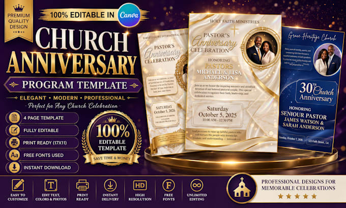 church anniversary program template design, editable canva church program