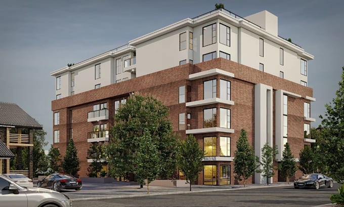 remodel brick apartment exterior, urban development cgi, render site plan layout