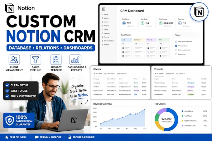 build notion CRM with database, relations and dashboards