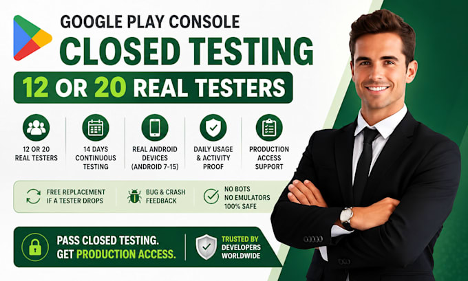 provide 12 or 20 real testers for google play console closed testing 14 days