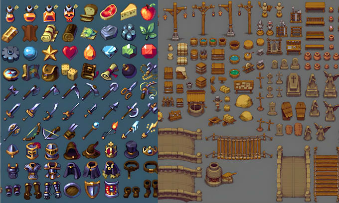 create pixel art asset pack tilesets, game map pixel character sprites