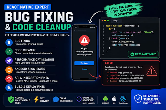 fix react native bugs, errors, crashes, and issues