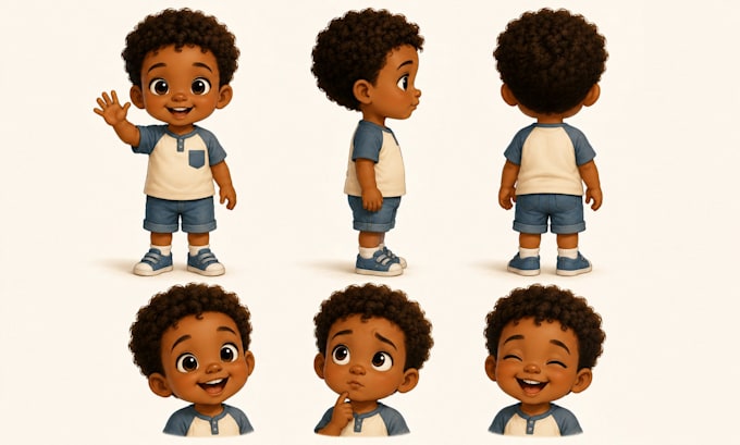 design whimsical children book character pose sheet and expression sheet