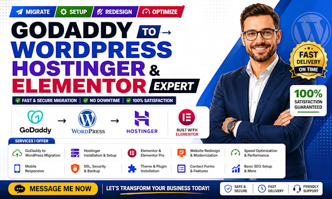 migrate godaddy to wordpress, elementor, install hostinger and website redesign