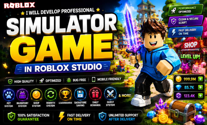 develop roblox simulator game, tycoon game, custom roblox game, roblox studio,