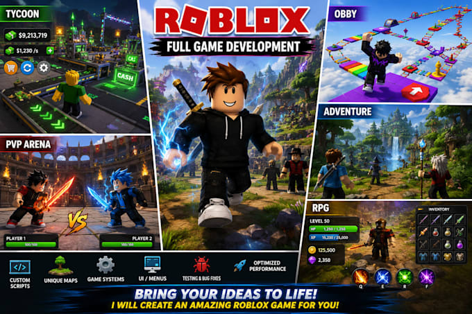 create roblox full game, scripting, tycoon, build obby, full game development