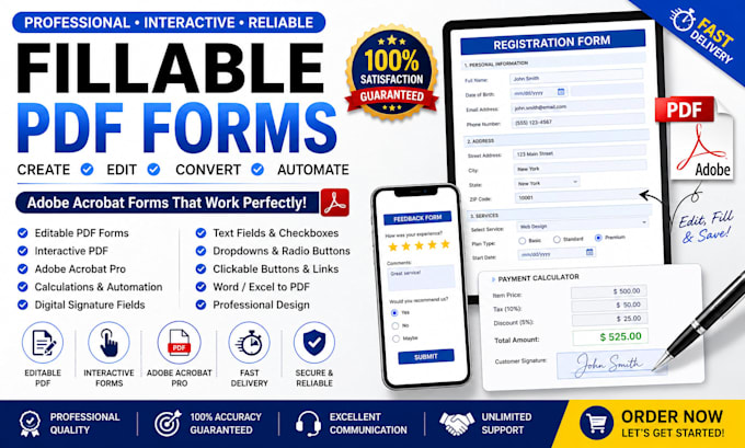 create editable fillable PDF forms, interactive PDF and adobe acrobat forms