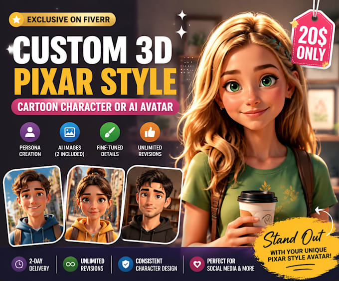design a custom 3d pixar style cartoon character