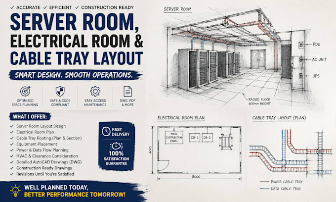 design server room layout, electrical room plan and cable tray layout