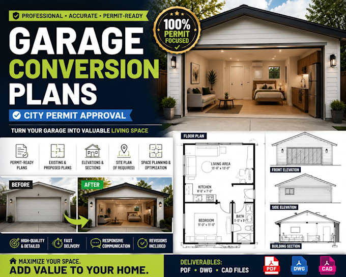 design garage conversion, adu plans and construction drawings