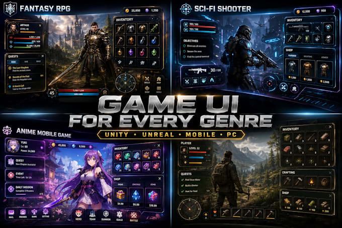 create modern game UI UX hud inventory and complete game interface