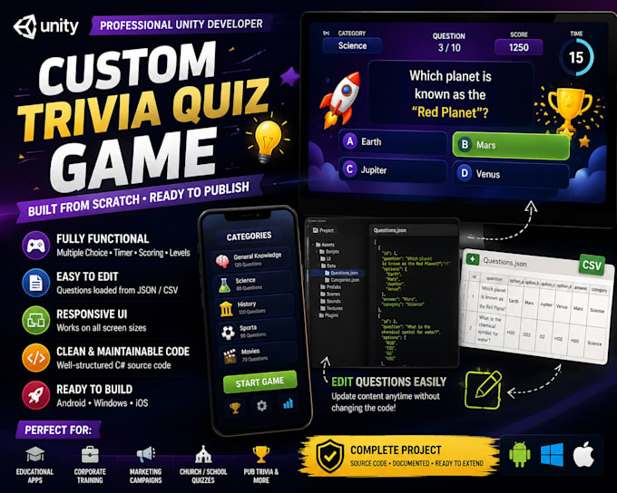 develop a custom trivia quiz game in unity