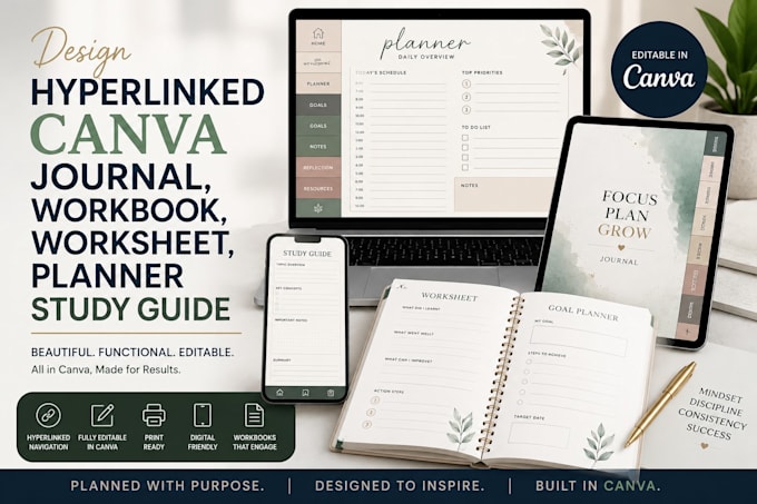 design hyperlinked canva journal, workbook, worksheet, planner study guide
