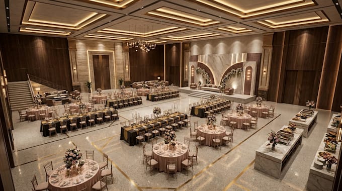 create 3d event design for concerts, exhibitions, festivals and weddings