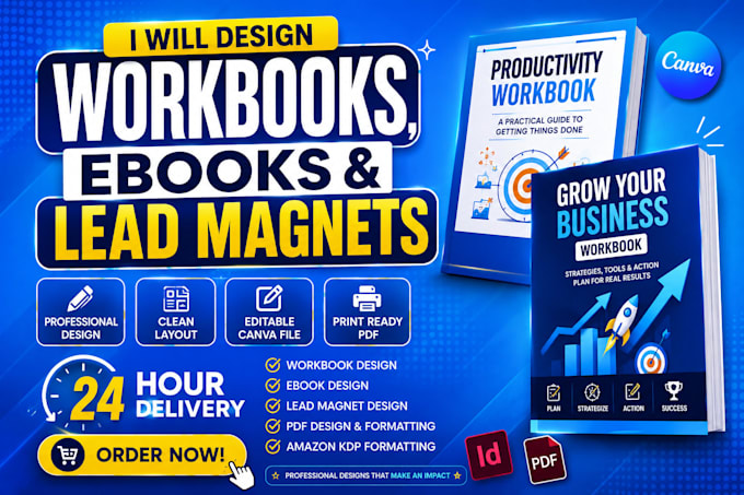 do workbook design, ebook design, lead magnet, PDF design and canva template