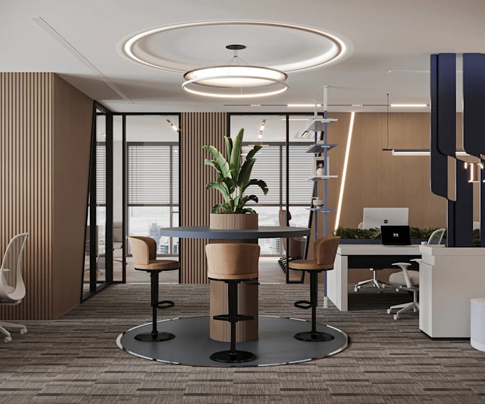 visualize 3d office interior, architectural rendering, workspace design, 2d plan
