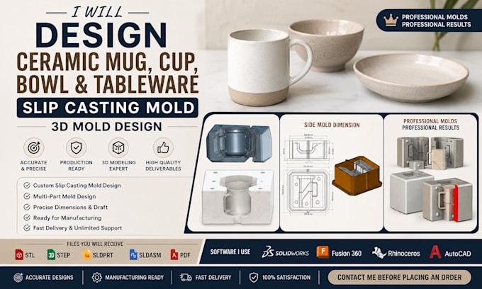 design ceramic mug, cup, bowl and tableware slip casting mold, 3d mold design