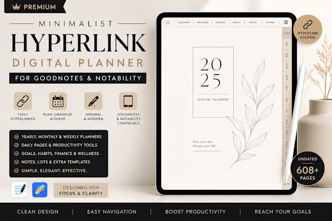 design a minimalist hyperlink digital planner for goodnotes and notability