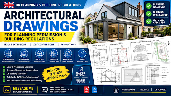 create UK planning permission and building regulations drawings