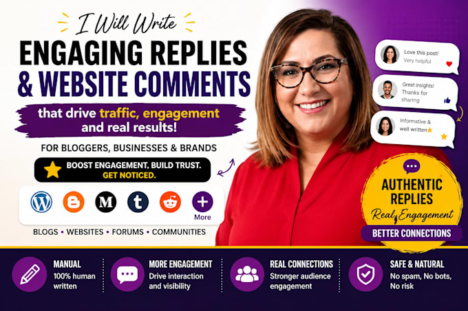 write manually engaging comments replies and website comments for traffic fast