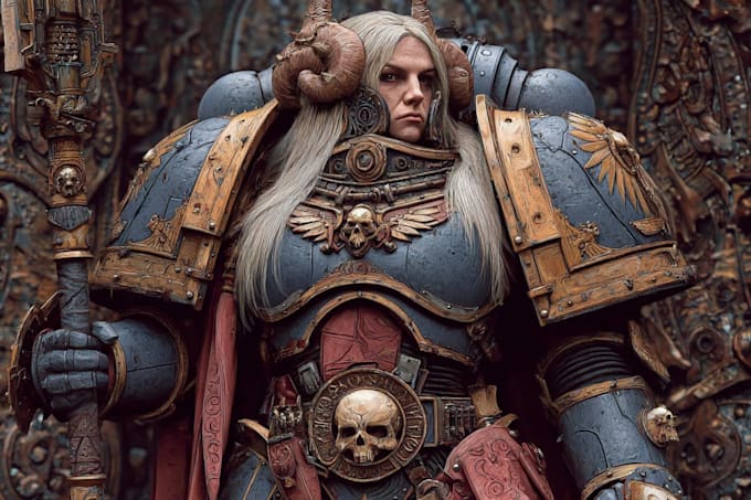 draw epic grimdark sci fi warrior character art inspired by warhammer 40k