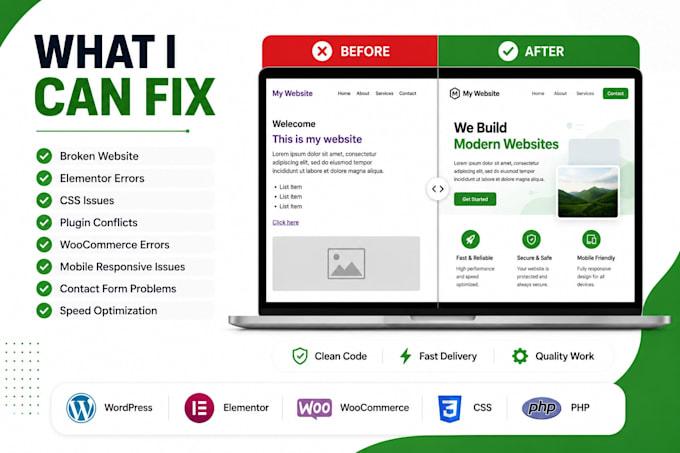 fix wordpress bugs, elementor issues and CSS errors