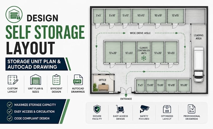 design self storage layout, storage unit plan autocad drawing