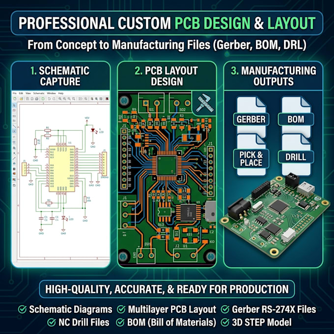 design custom pcb, pcb layout, schematic and gerber files