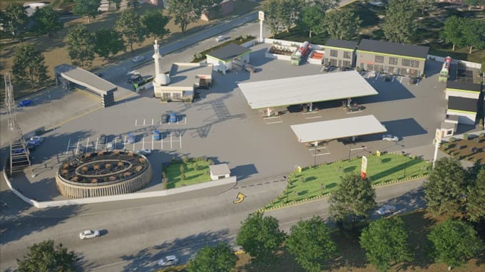 refined 3d gas, petrol,fire station layout design, commercial environment render