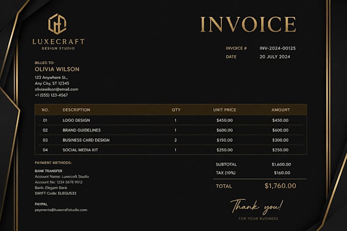 design a modern, editable invoice, receipt and quotation template