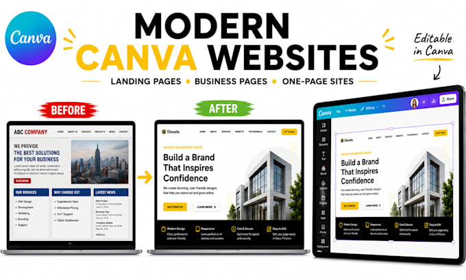 design canva website, one page website, landing page and responsive website