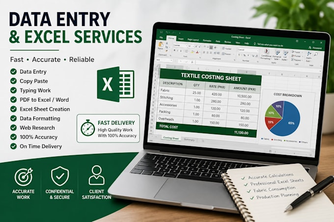 do fast data entry, copy paste, typing, excel work and textile product costing