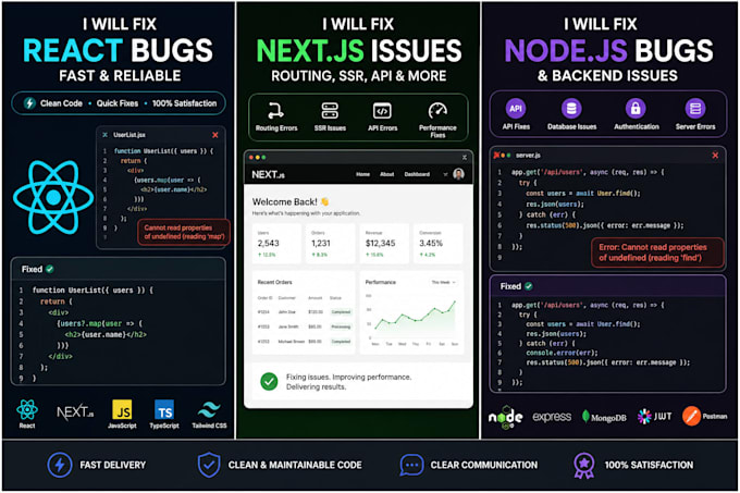 fix react, next js, and node js bugs and errors