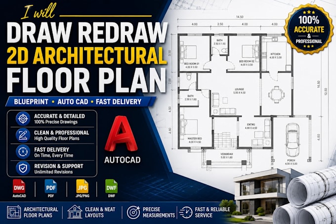 draw, redraw 2d architectural floor plan, blueprint autocad