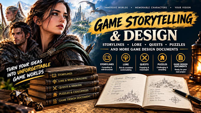 write an engaging game storylines, lore, dialogue, puzzle and quests for gdd