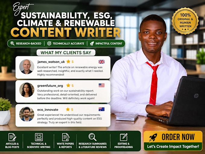 write sustainability, esg, climate change, and renewable energy articles