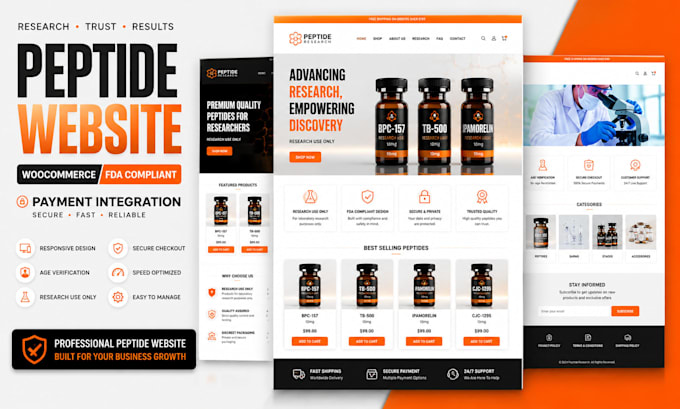 build research peptide website with woocommerce payment integration