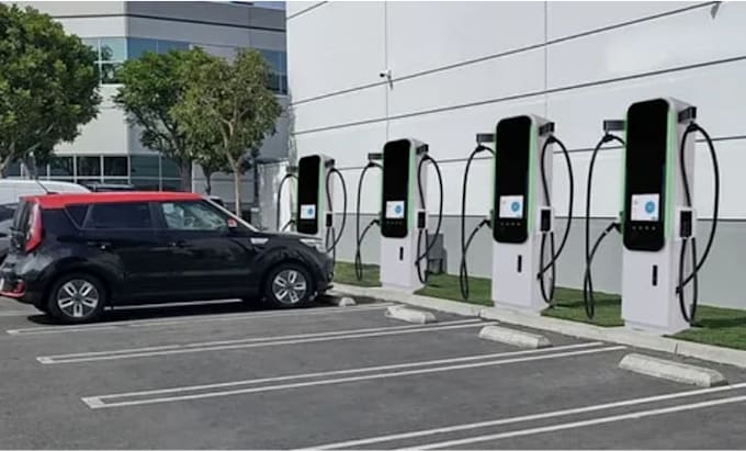 design a modern ev charging station with 3d rendering and site layout