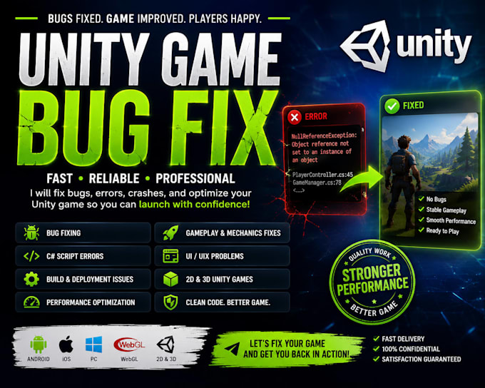 fix unity game bugs errors crashes unity codebase  errors full 3d game testing