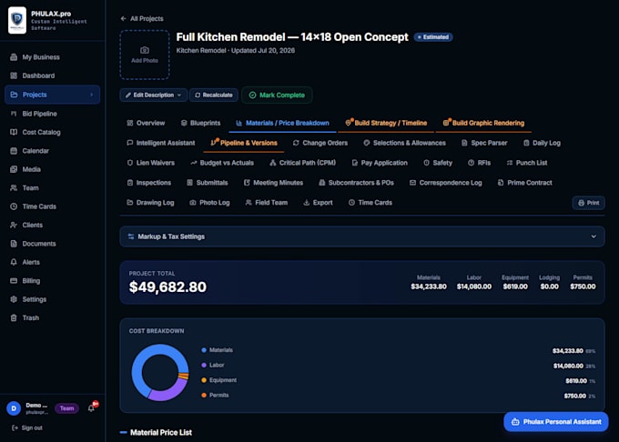 generate an ai construction a full material cost estimate and blueprint set