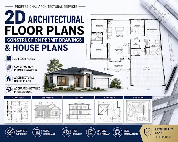 draft 2d floor plans, construction permit drawings and architectural house plans