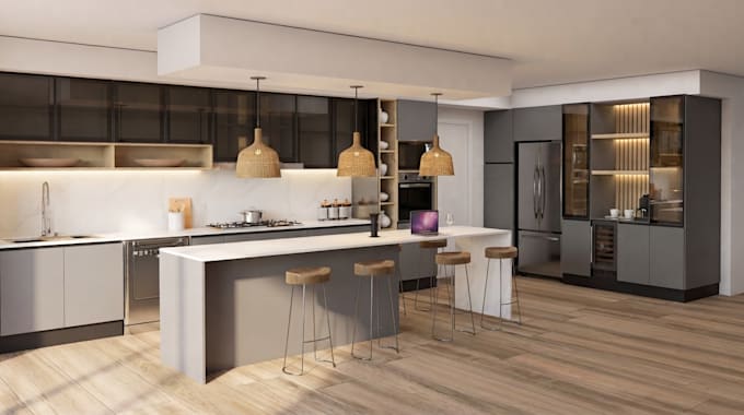 design your modern kitchen and 3d render