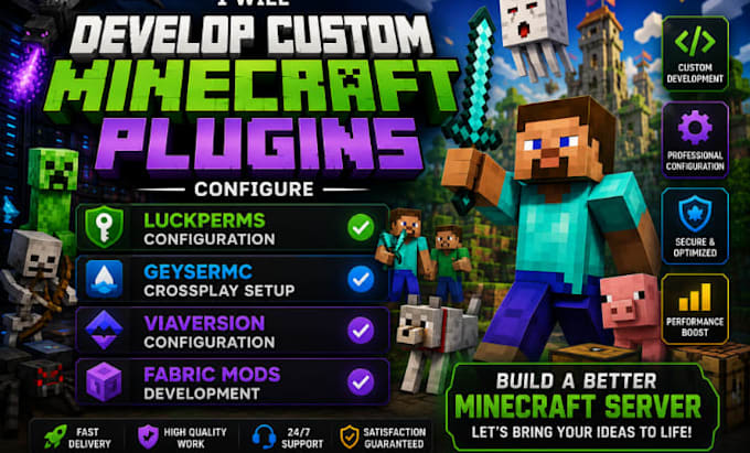 develop custom minecraft plugins, configure luckperms,geysermc and viaversion