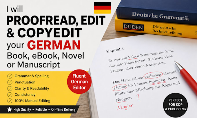 proofread, edit and copyedit your german book, ebook, novel or manuscript