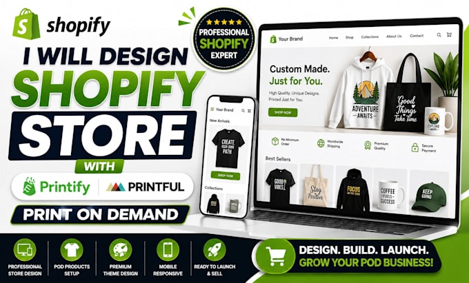 design shopify store printify, printiful and print on demand