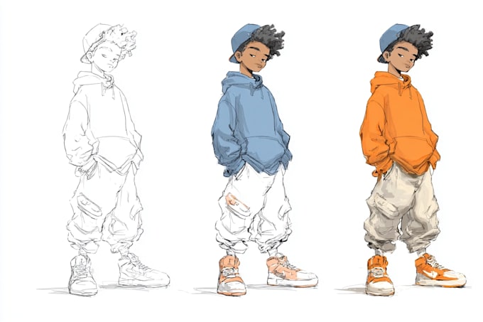 sketch, outline and color cartoon illustrations